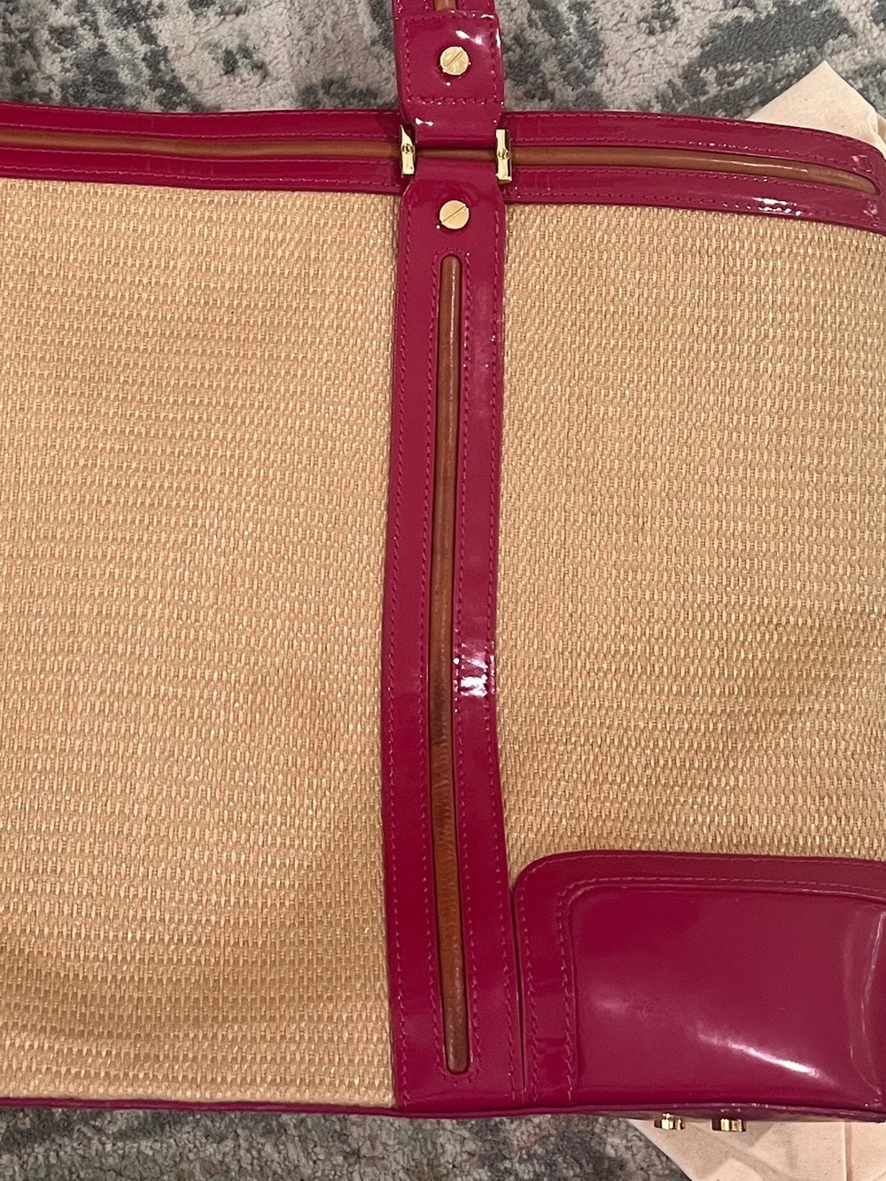 Tory Burch Straw Tote with Fuchsia Patent Trim and Gold Logo - Picture 8 of 12